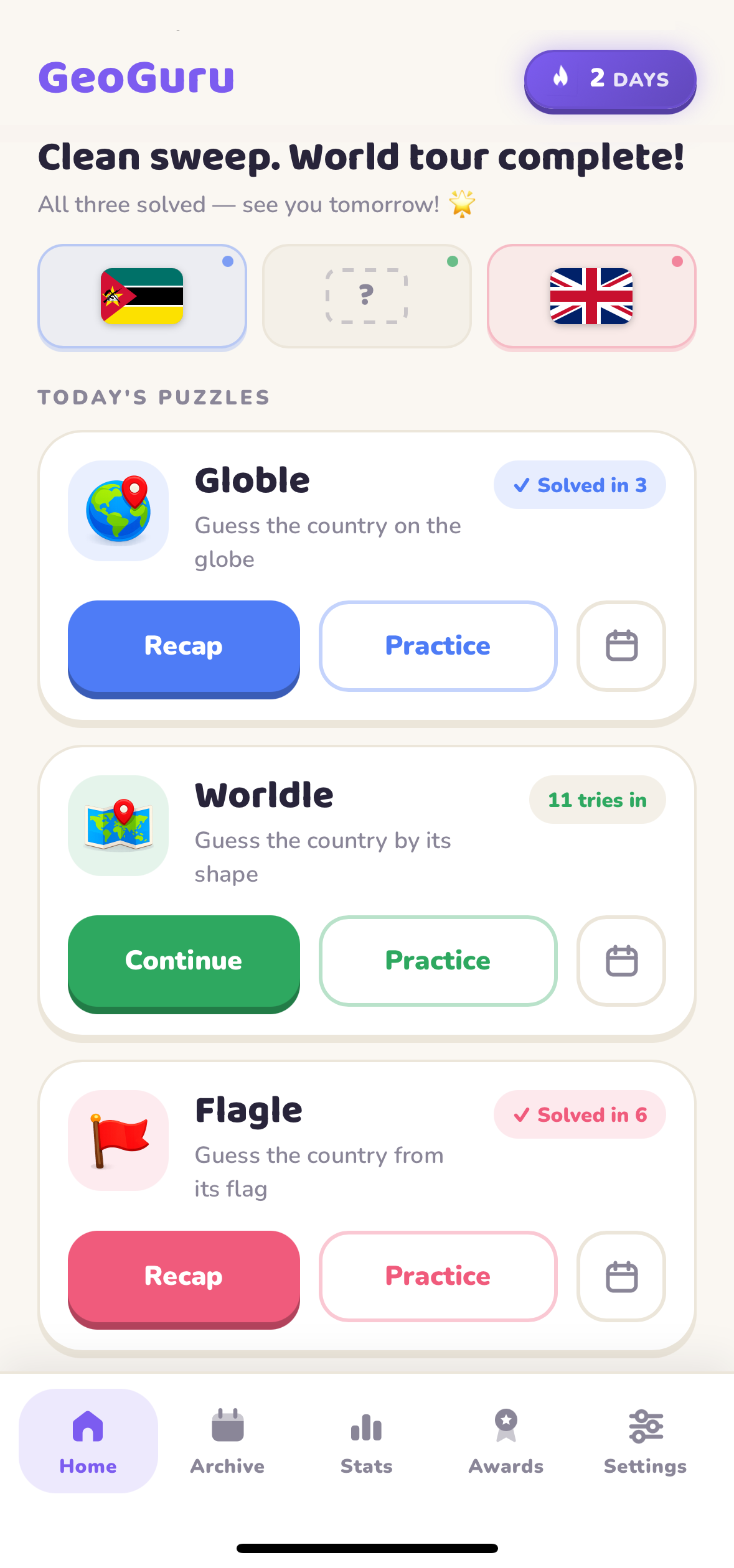 GeoGuru home screen showing today's three puzzles: Globe, Shape and Flag