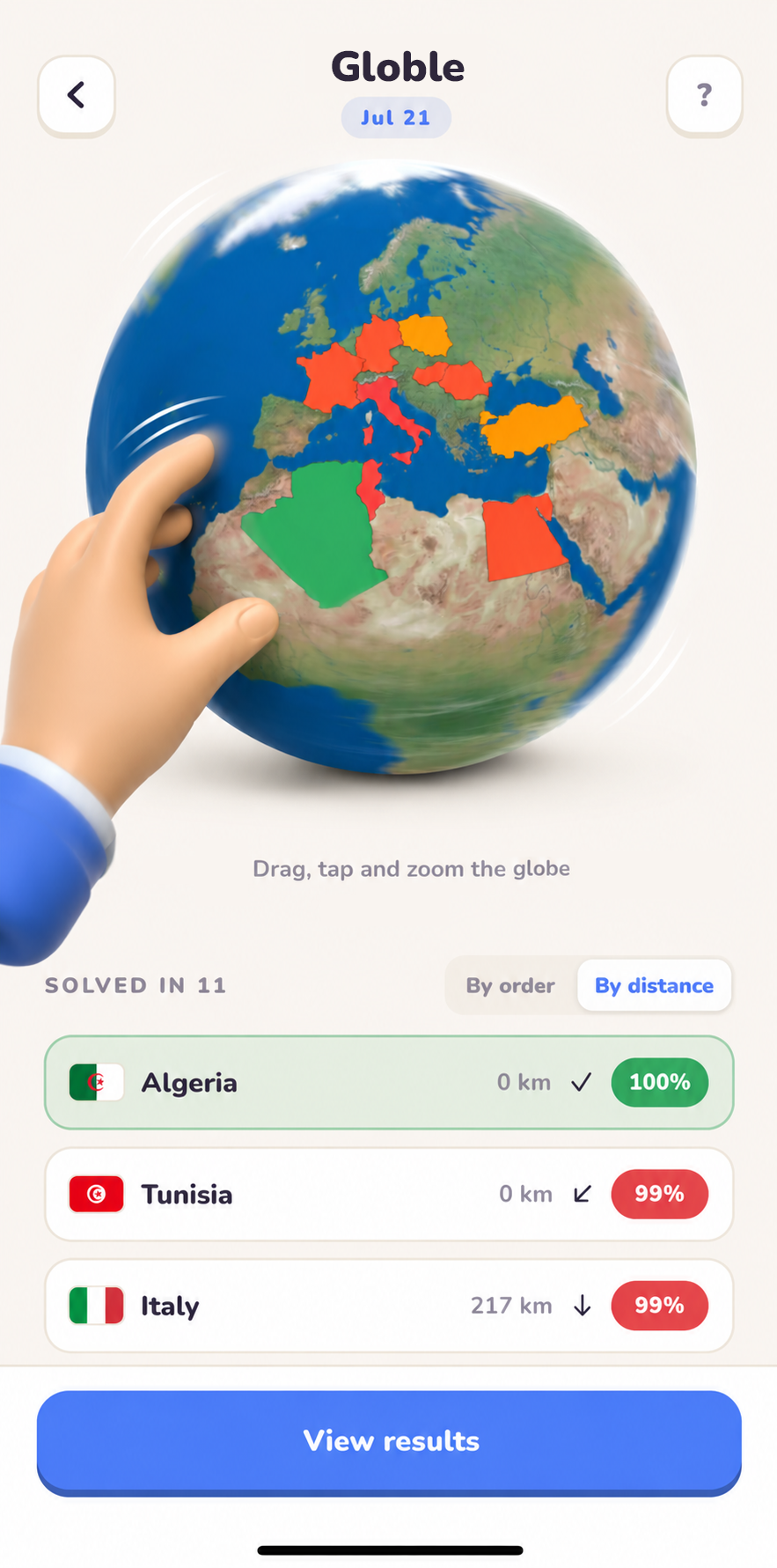 The Globe game: a 3D globe with countries highlighted by how close each guess was