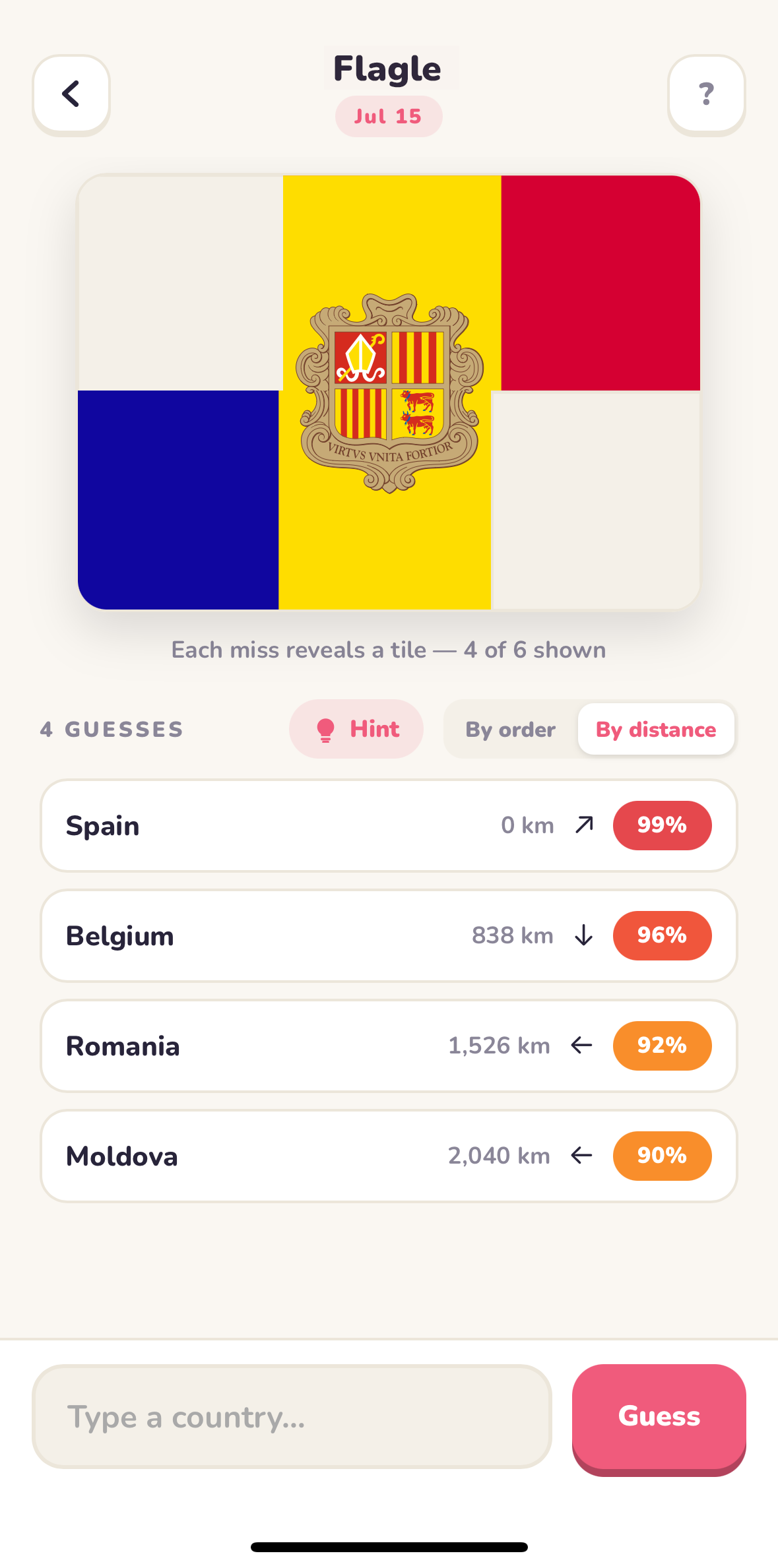The Flag game: a partially revealed flag with the guess list below