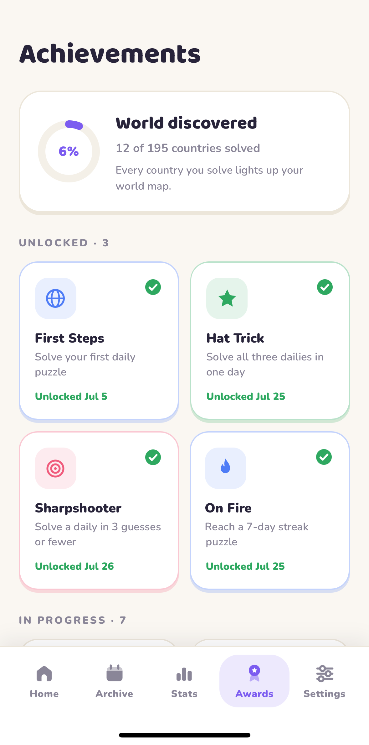 Achievements screen showing world discovered progress and unlocked badges